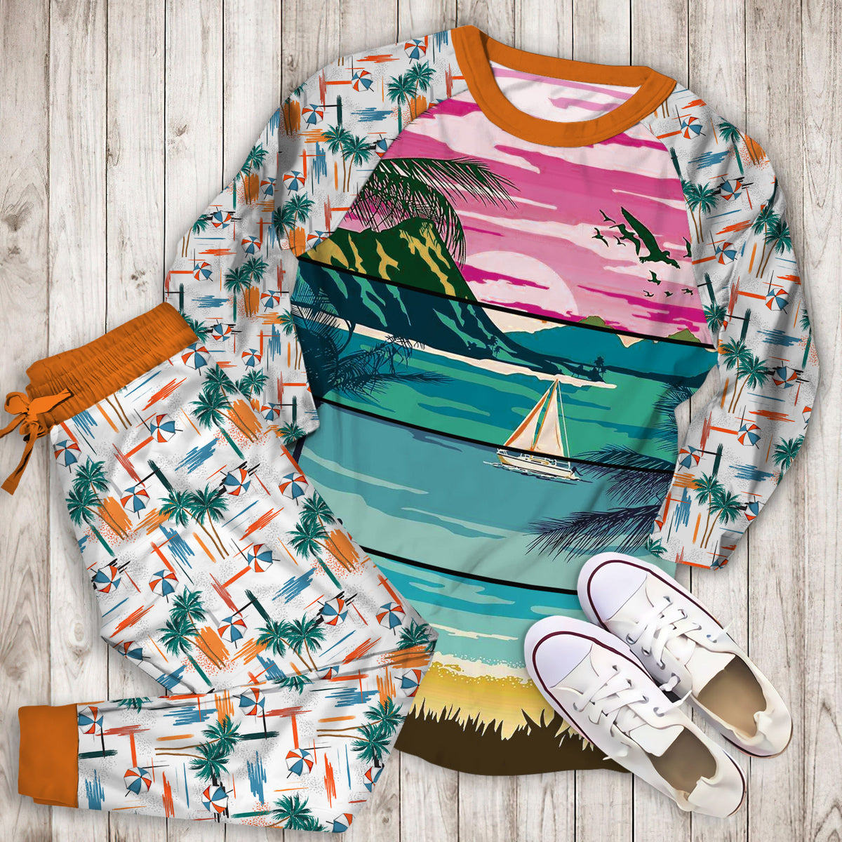 Beach Pajama Set | Pajamas | Cotton Sleepwear Sets | Soft Long Sleeve Pjs | Raglan Shirt and Pants Set