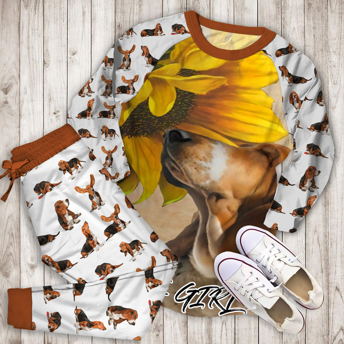 Basset Hound Sunflower Knowledge Personalized Name Pajama Set | Pajamas | Cotton Sleepwear Sets | Soft Long Sleeve Pjs | Raglan Shirt and Pants Set