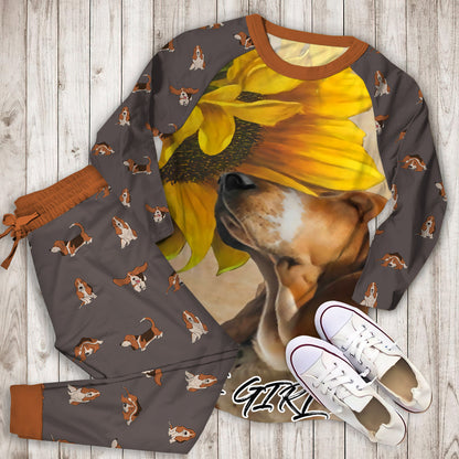 Basset Hound Sunflower Knowledge Personalized Name Pajama Set | Pajamas | Cotton Sleepwear Sets | Soft Long Sleeve Pjs | Raglan Shirt and Pants Set