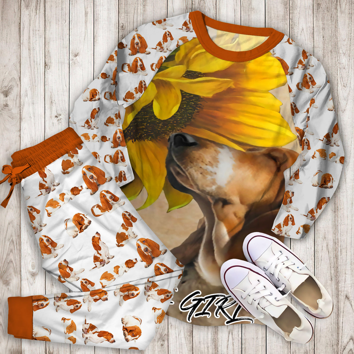 Basset Hound Sunflower Knowledge Personalized Name Pajama Set | Pajamas | Cotton Sleepwear Sets | Soft Long Sleeve Pjs | Raglan Shirt and Pants Set