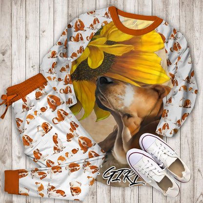 Basset Hound Sunflower Knowledge Personalized Name Pajama Set | Pajamas | Cotton Sleepwear Sets | Soft Long Sleeve Pjs | Raglan Shirt and Pants Set