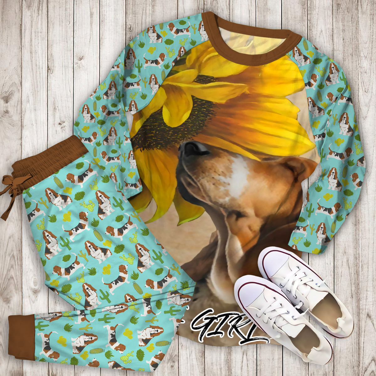 Basset Hound Sunflower Knowledge Personalized Name Pajama Set | Pajamas | Cotton Sleepwear Sets | Soft Long Sleeve Pjs | Raglan Shirt and Pants Set