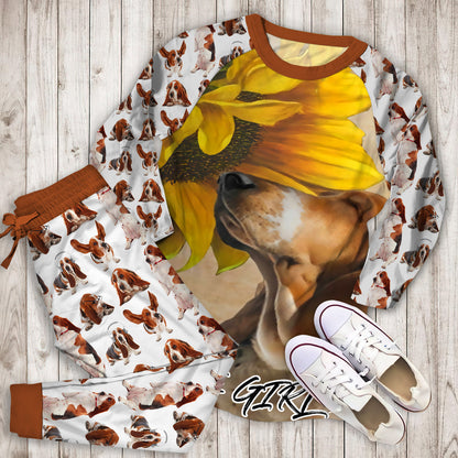 Basset Hound Sunflower Knowledge Personalized Name Pajama Set | Pajamas | Cotton Sleepwear Sets | Soft Long Sleeve Pjs | Raglan Shirt and Pants Set