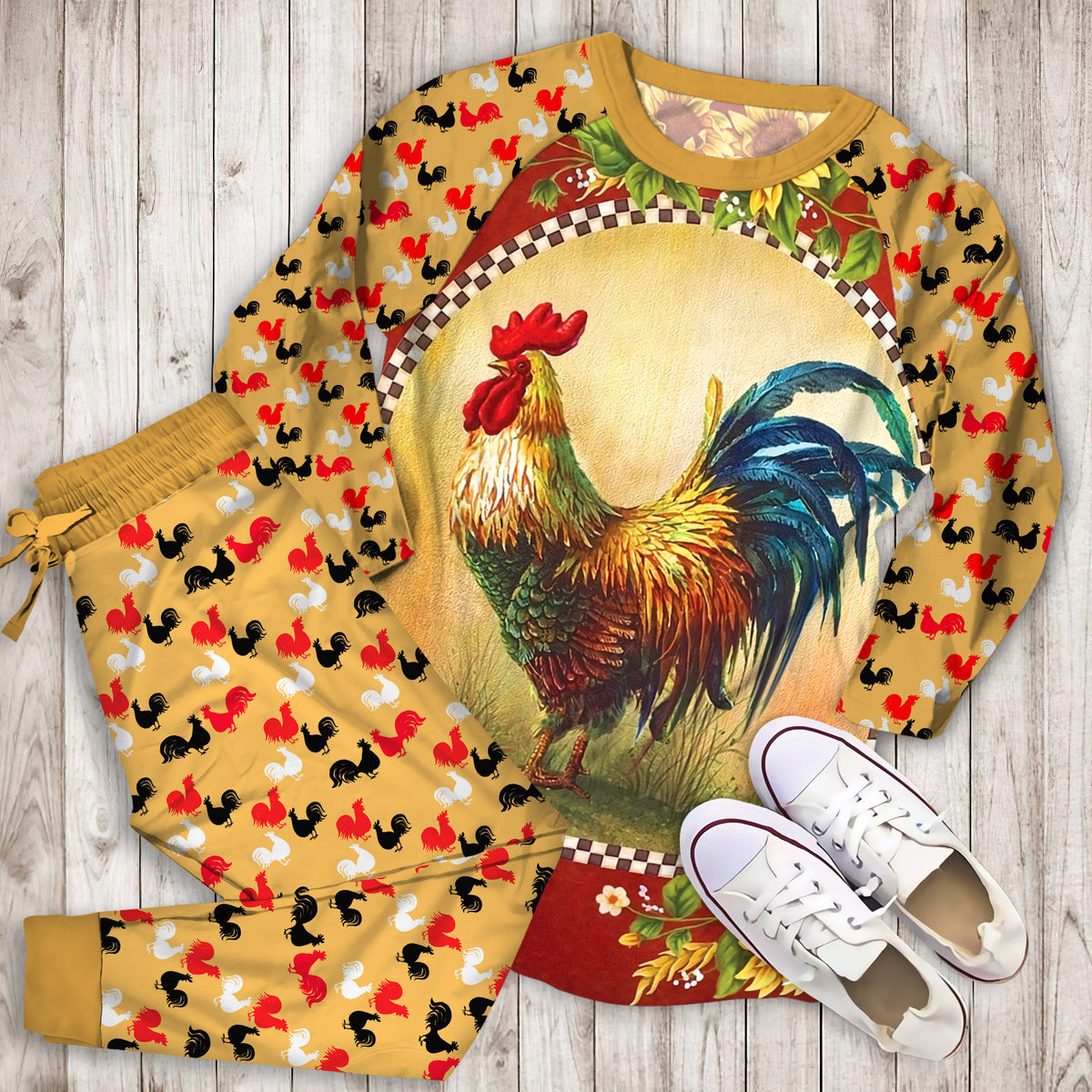 Rooster Sunflowers Pajama Set |Sleepwear Pjs Sets | Raglan Shirt Pants Set