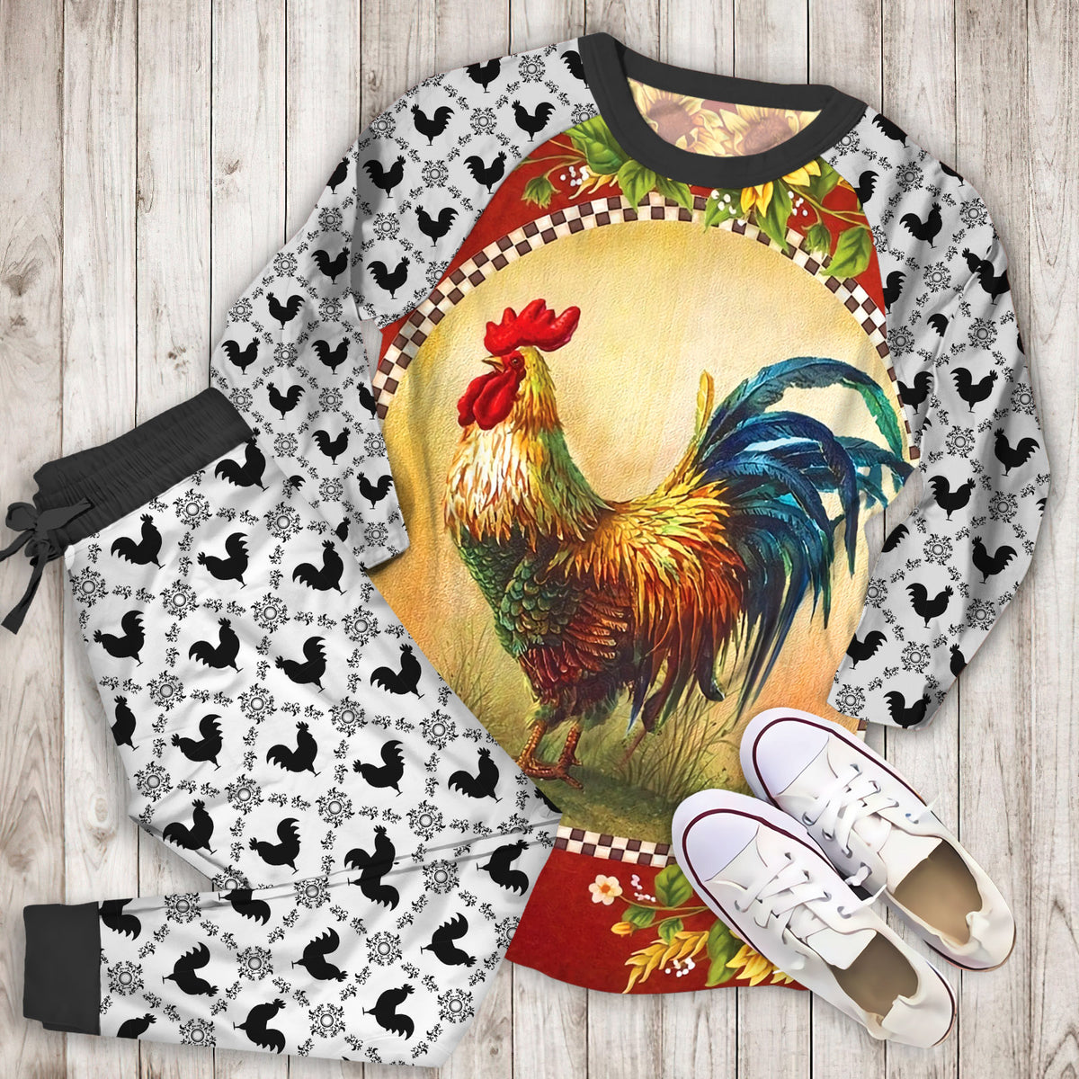 Rooster Sunflowers Pajama Set |Sleepwear Pjs Sets | Raglan Shirt Pants Set