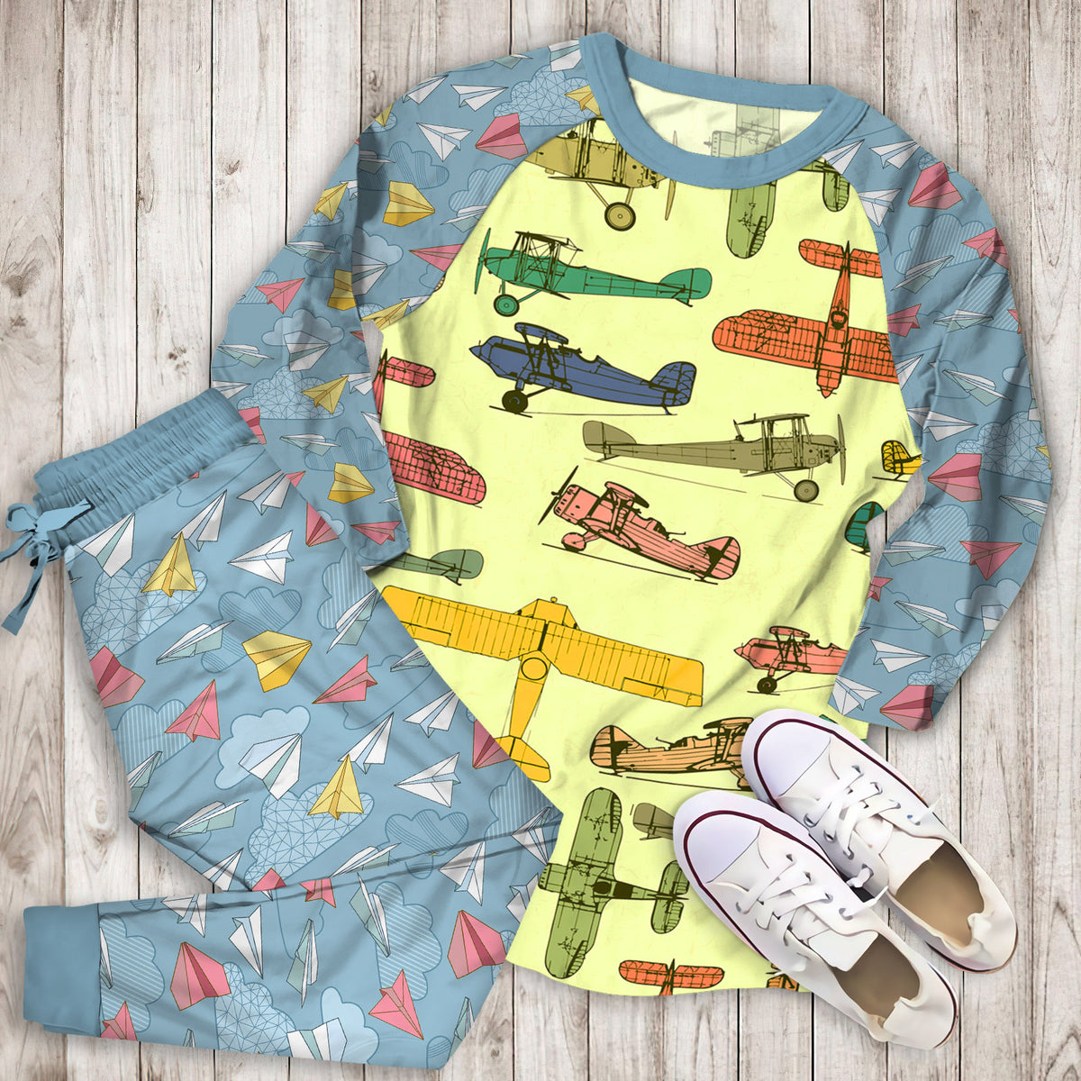 Airplane Pajama Set | Pajamas | Cotton Sleepwear Sets | Soft Long Sleeve Pjs | Raglan Shirt and Pants Set