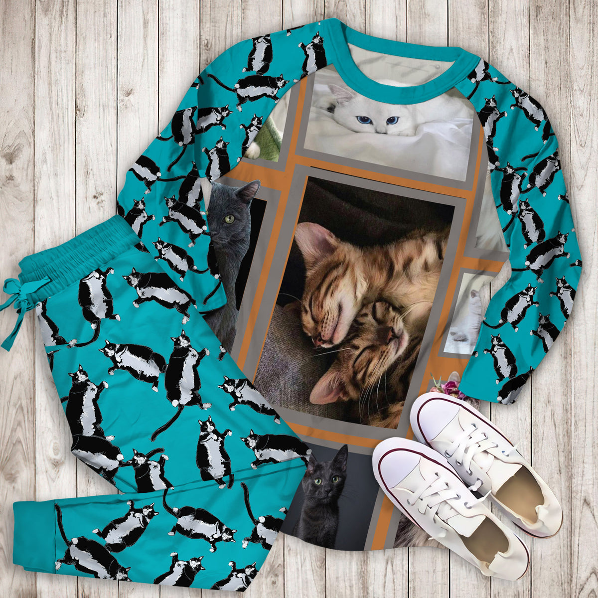 Huge Cat Pajama Set | Pajamas | Cotton Sleepwear Sets | Soft Long Sleeve Pjs | Raglan Shirt and Pants Set