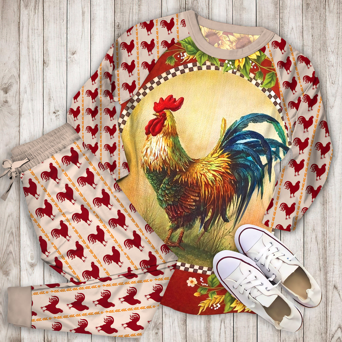 Rooster Sunflowers Pajama Set |Sleepwear Pjs Sets | Raglan Shirt Pants Set