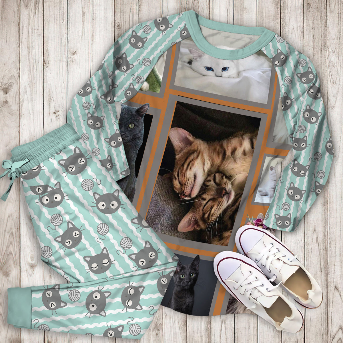 Huge Cat Pajama Set | Pajamas | Cotton Sleepwear Sets | Soft Long Sleeve Pjs | Raglan Shirt and Pants Set
