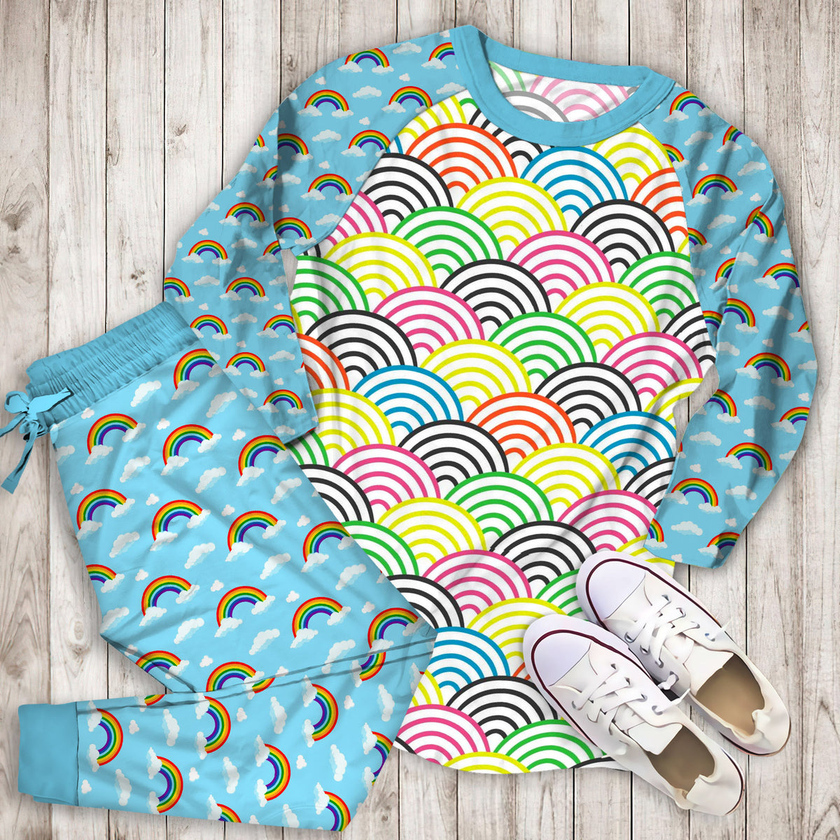 Rainbow Pajama Set | Pajamas | Cotton Sleepwear Sets | Soft Long Sleeve Pjs | Raglan Shirt and Pants Set