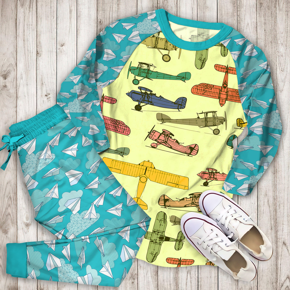 Airplane Pajama Set | Pajamas | Cotton Sleepwear Sets | Soft Long Sleeve Pjs | Raglan Shirt and Pants Set