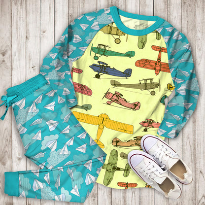 Airplane Pajama Set | Pajamas | Cotton Sleepwear Sets | Soft Long Sleeve Pjs | Raglan Shirt and Pants Set