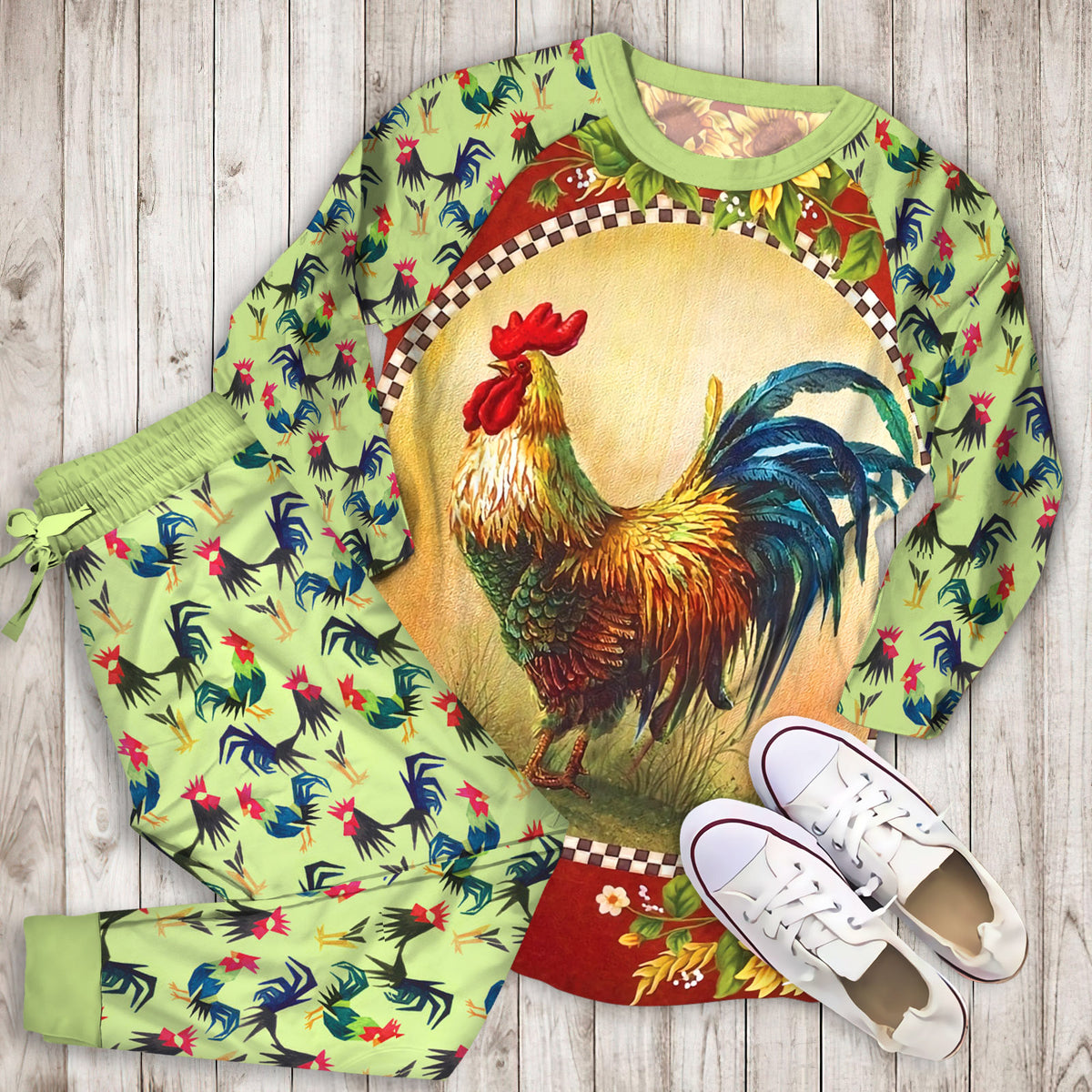 Rooster Sunflowers Pajama Set |Sleepwear Pjs Sets | Raglan Shirt Pants Set