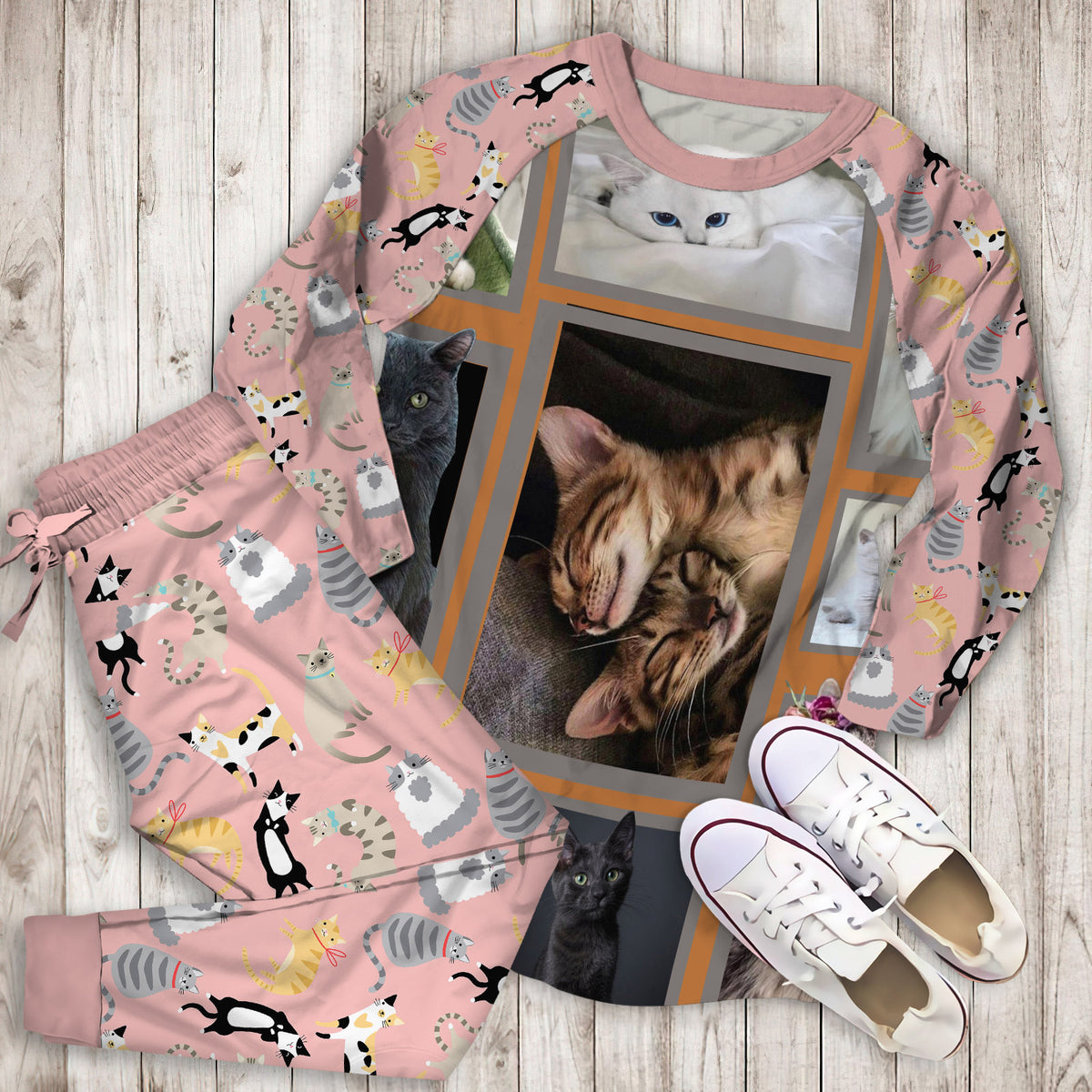 Huge Cat Pajama Set | Pajamas | Cotton Sleepwear Sets | Soft Long Sleeve Pjs | Raglan Shirt and Pants Set