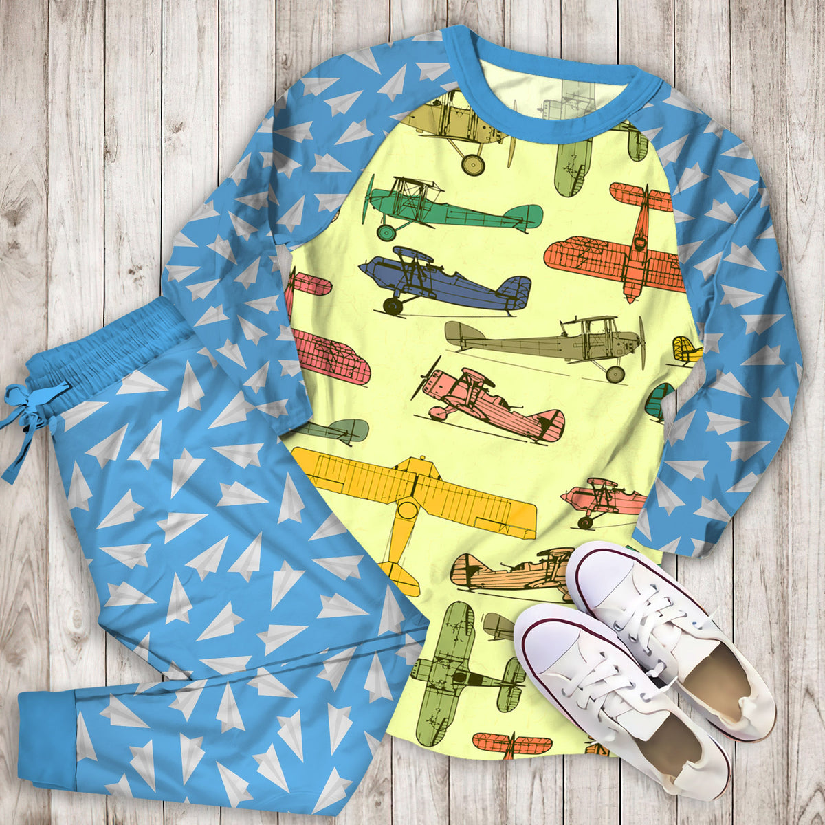 Airplane Pajama Set | Pajamas | Cotton Sleepwear Sets | Soft Long Sleeve Pjs | Raglan Shirt and Pants Set
