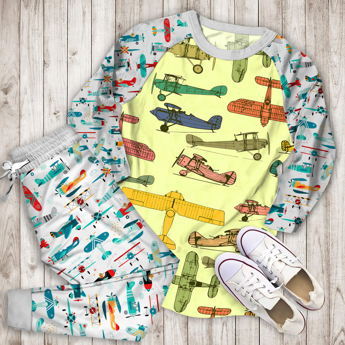 Airplane Pajama Set | Pajamas | Cotton Sleepwear Sets | Soft Long Sleeve Pjs | Raglan Shirt and Pants Set