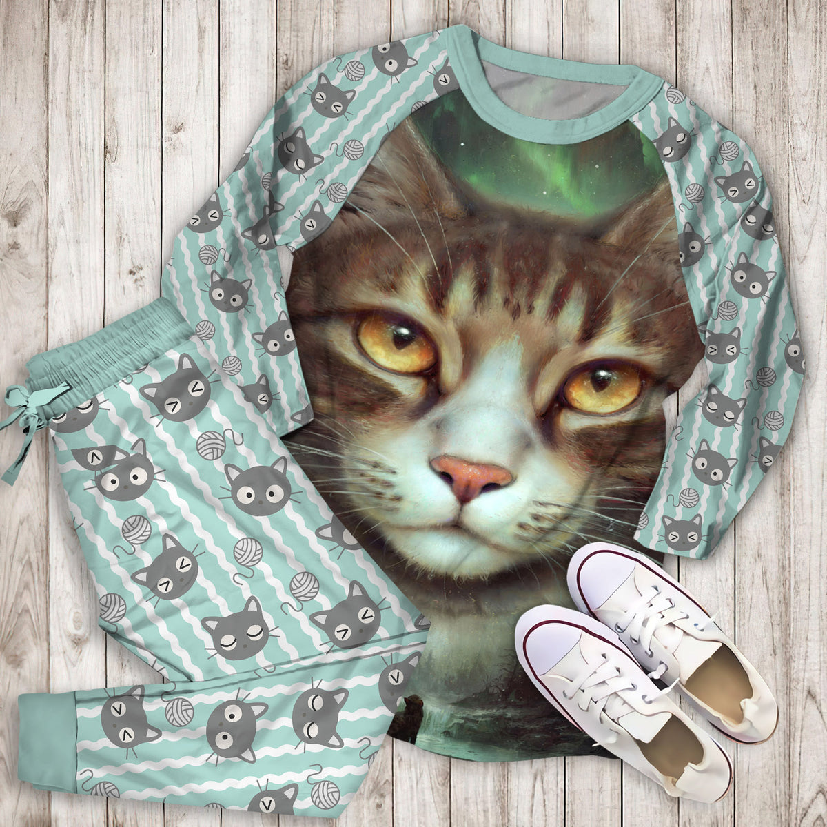 Cat Pajama Set | Pajamas | Cotton Sleepwear Sets | Soft Long Sleeve Pjs | Raglan Shirt and Pants Set