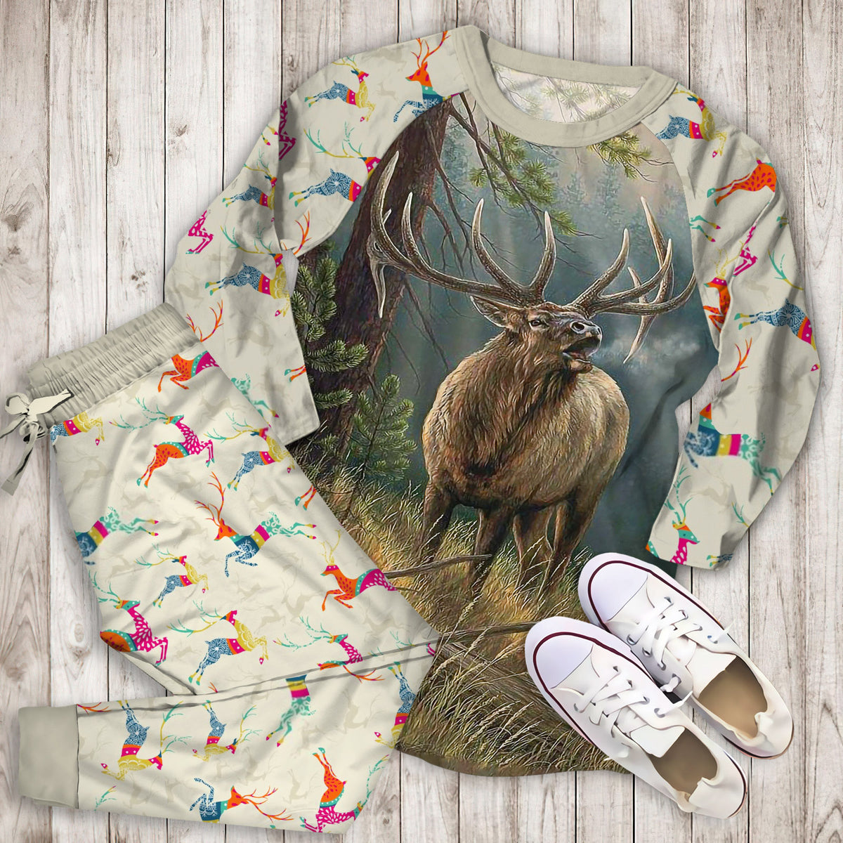 Deer Hunting Pajama Set | Pajamas | Cotton Sleepwear Sets | Soft Long Sleeve Pjs | Raglan Shirt and Pants Set