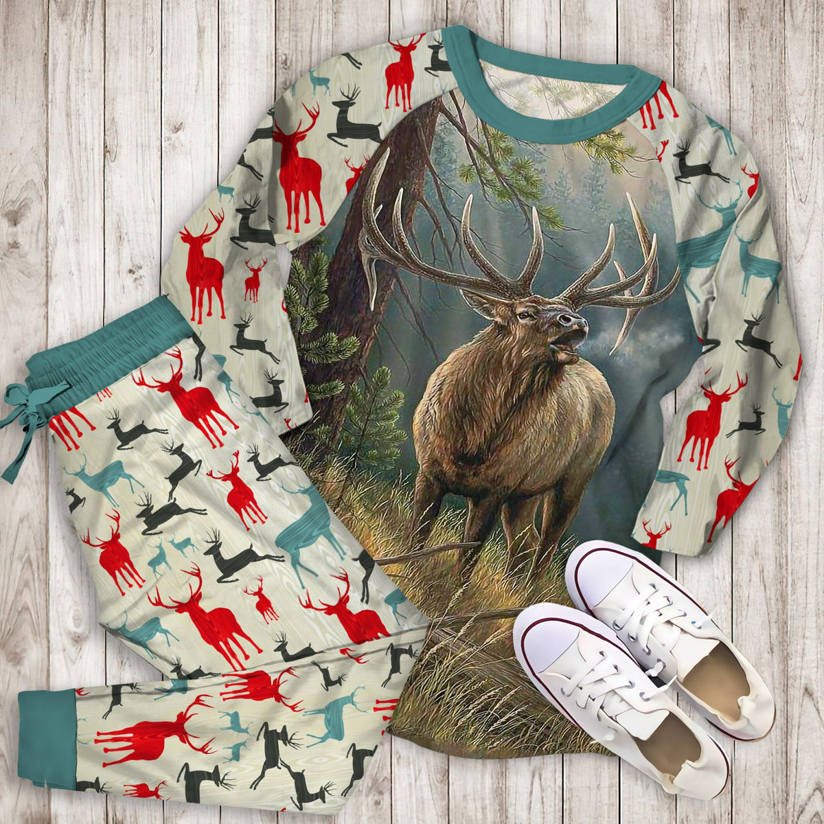 Deer Hunting Pajama Set | Pajamas | Cotton Sleepwear Sets | Soft Long Sleeve Pjs | Raglan Shirt and Pants Set