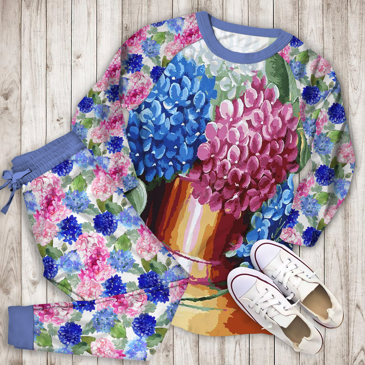 Hydrangea Flowers Pajama Set | Pajamas | Cotton Sleepwear Sets | Soft Long Sleeve Pjs | Raglan Shirt and Pants Set