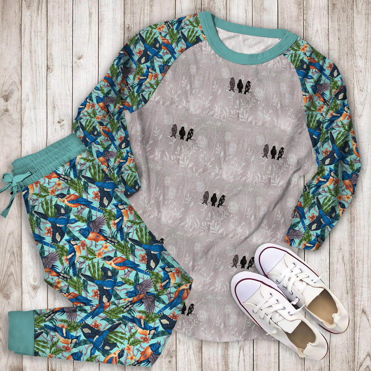 Bird Pajama Set | Pajamas | Cotton Sleepwear Sets | Soft Long Sleeve Pjs | Raglan Shirt and Pants Set