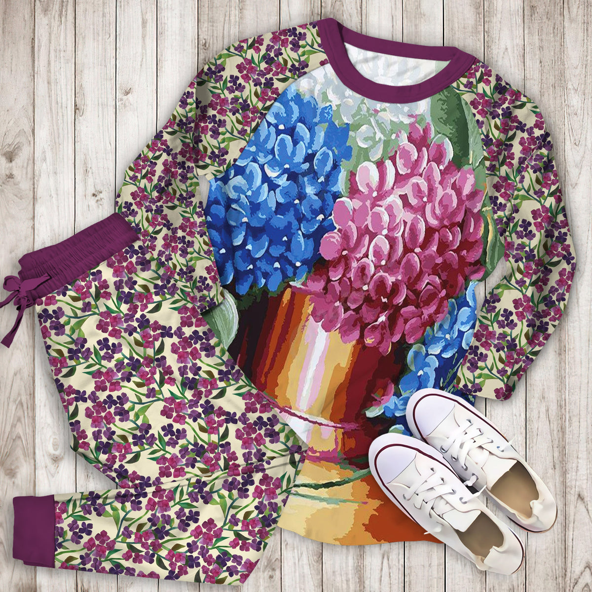 Hydrangea Flowers Pajama Set | Pajamas | Cotton Sleepwear Sets | Soft Long Sleeve Pjs | Raglan Shirt and Pants Set