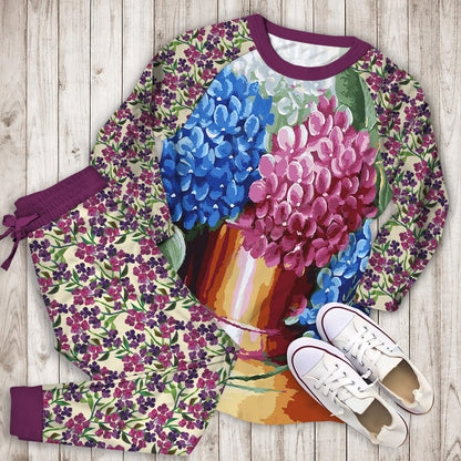 Hydrangea Flowers Pajama Set | Pajamas | Cotton Sleepwear Sets | Soft Long Sleeve Pjs | Raglan Shirt and Pants Set