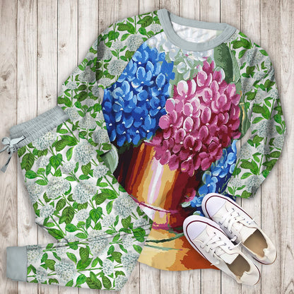 Hydrangea Flowers Pajama Set | Pajamas | Cotton Sleepwear Sets | Soft Long Sleeve Pjs | Raglan Shirt and Pants Set