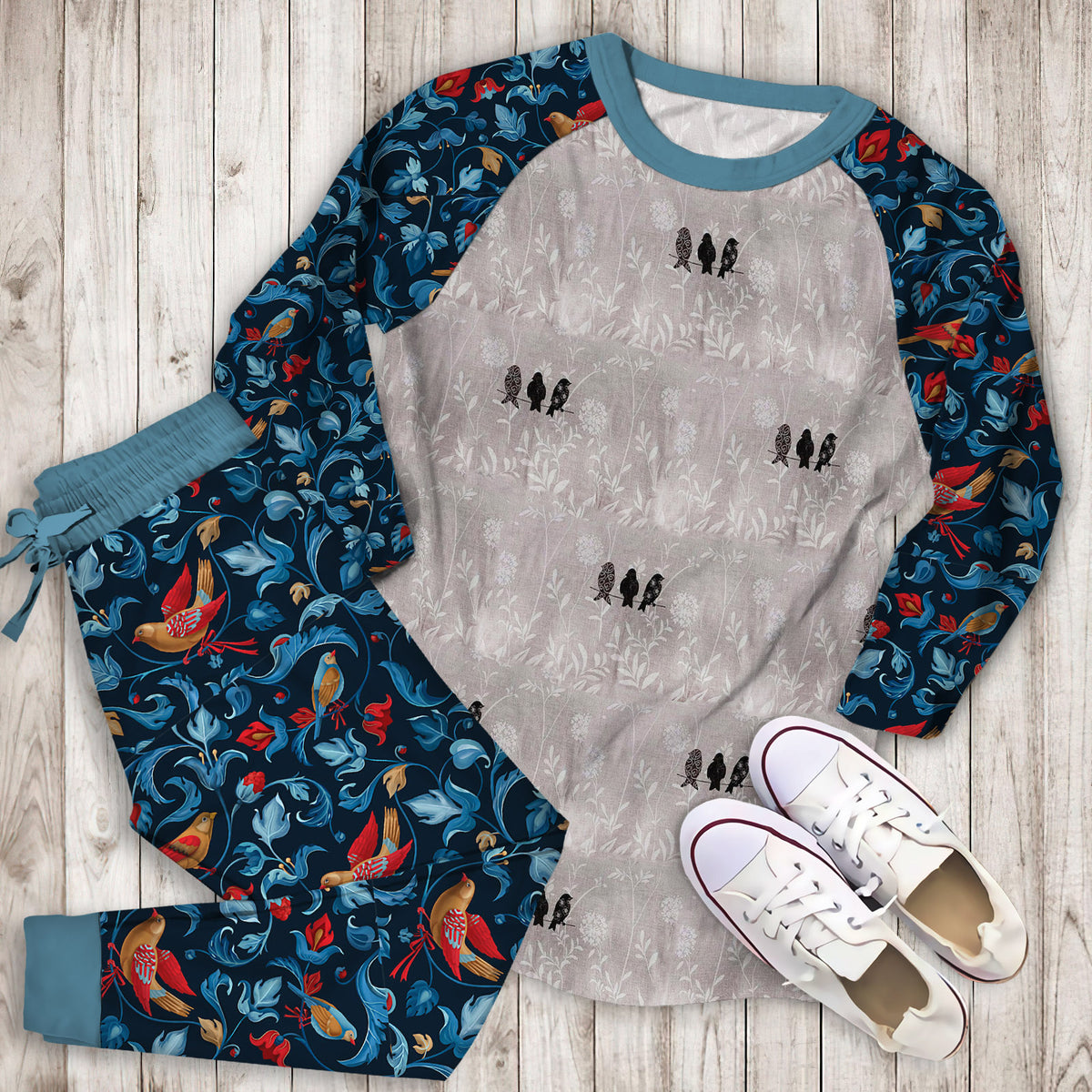 Bird Pajama Set | Pajamas | Cotton Sleepwear Sets | Soft Long Sleeve Pjs | Raglan Shirt and Pants Set