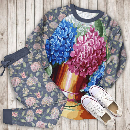 Hydrangea Flowers Pajama Set | Pajamas | Cotton Sleepwear Sets | Soft Long Sleeve Pjs | Raglan Shirt and Pants Set
