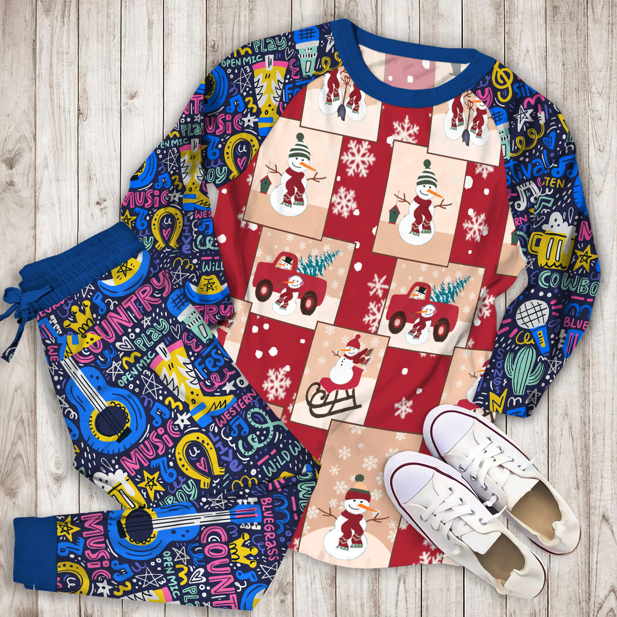Country Snowman Pajama Set | Pajamas | Cotton Sleepwear Sets | Soft Long Sleeve Pjs | Raglan Shirt and Pants Set