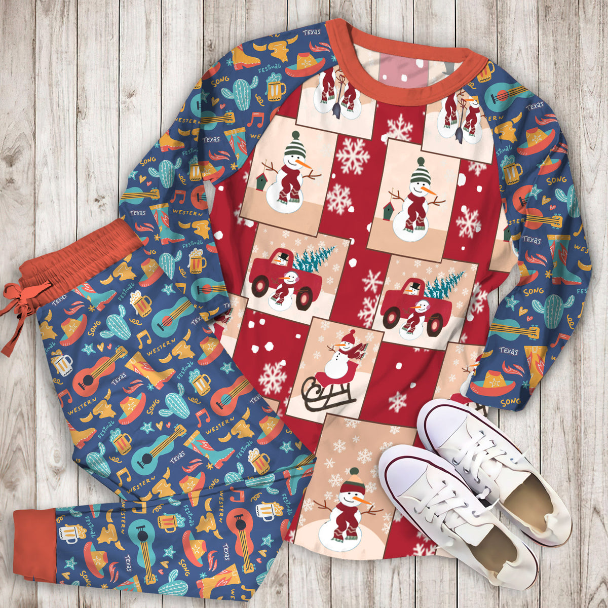 Country Snowman Pajama Set | Pajamas | Cotton Sleepwear Sets | Soft Long Sleeve Pjs | Raglan Shirt and Pants Set
