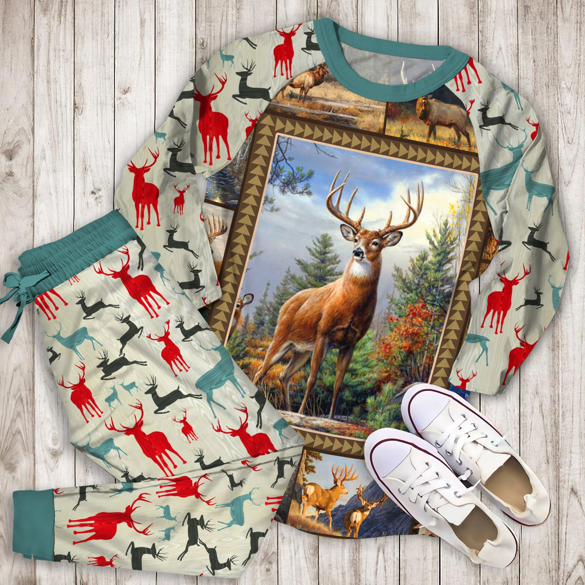 Deer Pajama Set | Pajamas | Cotton Sleepwear Sets | Soft Long Sleeve Pjs | Raglan Shirt and Pants Set