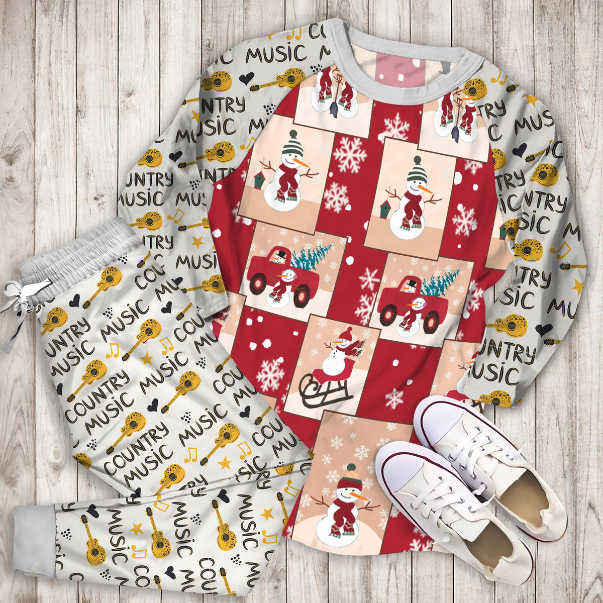 Country Snowman Pajama Set | Pajamas | Cotton Sleepwear Sets | Soft Long Sleeve Pjs | Raglan Shirt and Pants Set