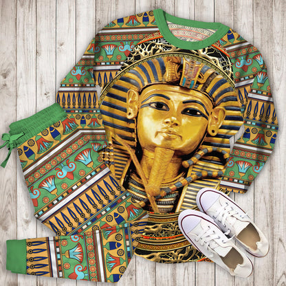 Pharaoh Ancient Egypt Black Coral Polyester Pajama Set |Sleepwear Pjs Sets | Raglan Shirt Pants Set