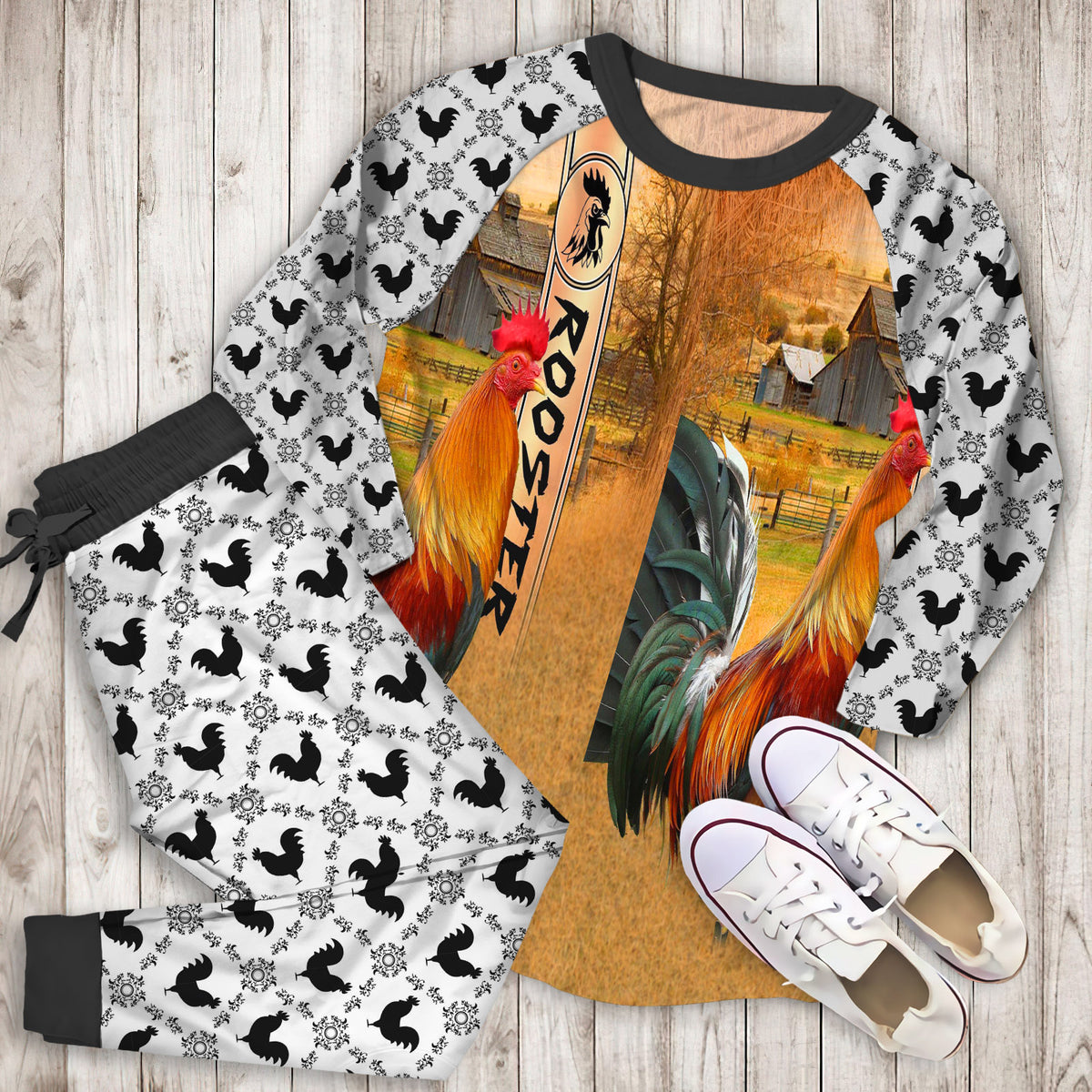 Rooster Personalized Name Pajama Set |Sleepwear Pjs Sets | Raglan Shirt Pants Set