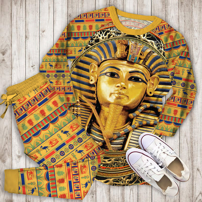 Pharaoh Ancient Egypt Black Coral Polyester Pajama Set |Sleepwear Pjs Sets | Raglan Shirt Pants Set