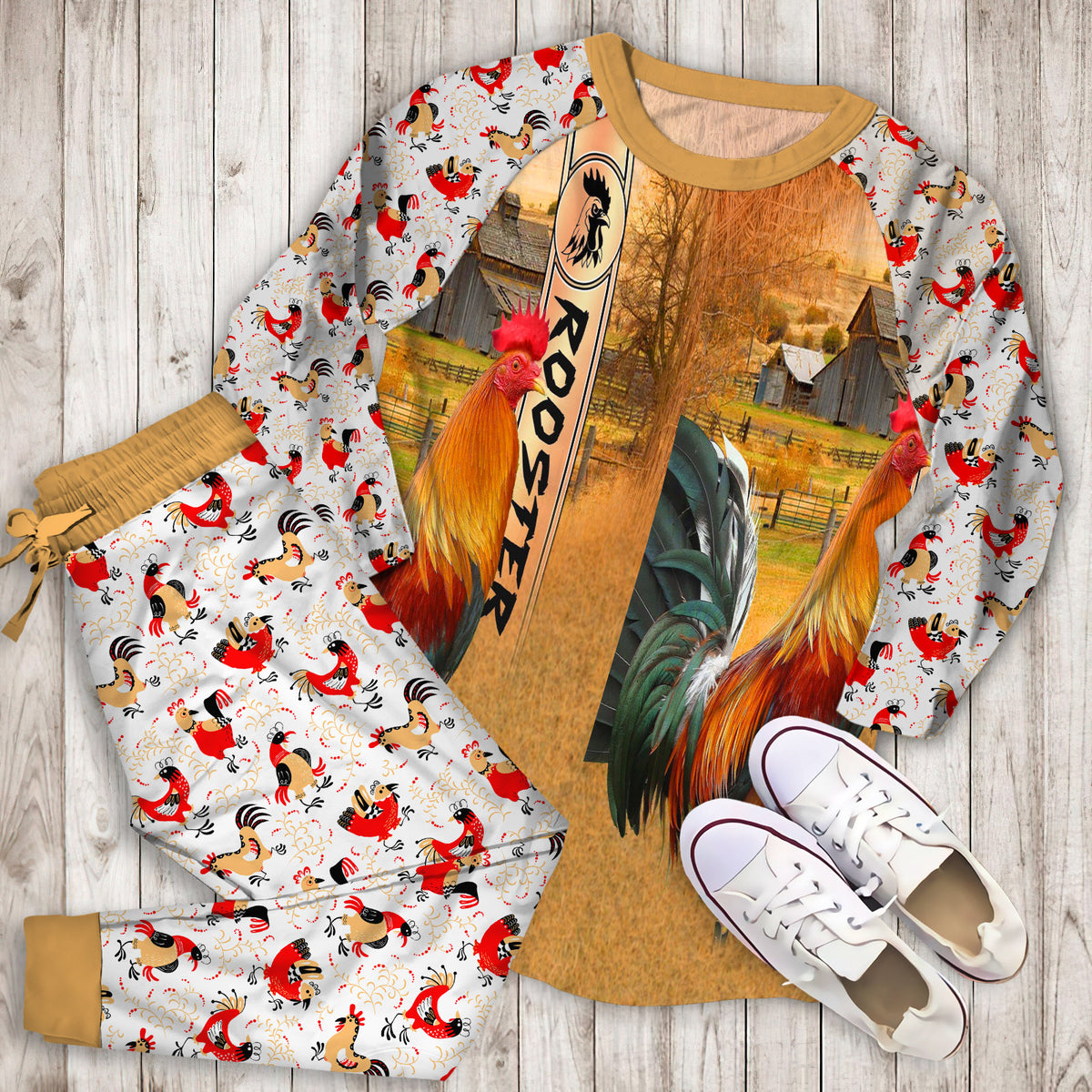 Rooster Personalized Name Pajama Set |Sleepwear Pjs Sets | Raglan Shirt Pants Set