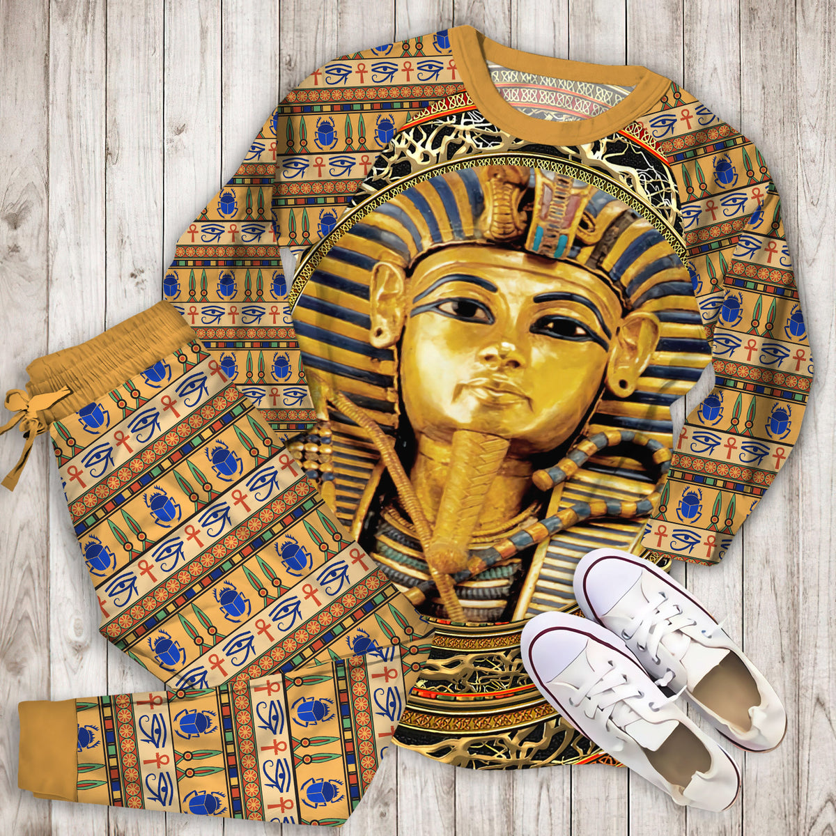 Pharaoh Ancient Egypt Black Coral Polyester Pajama Set |Sleepwear Pjs Sets | Raglan Shirt Pants Set