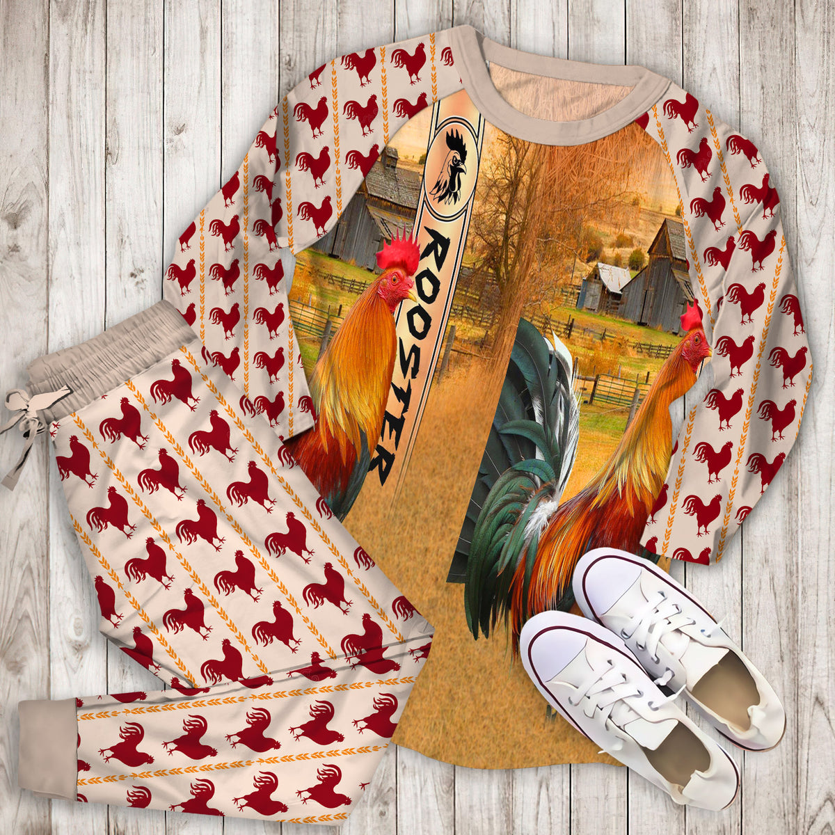 Rooster Personalized Name Pajama Set |Sleepwear Pjs Sets | Raglan Shirt Pants Set