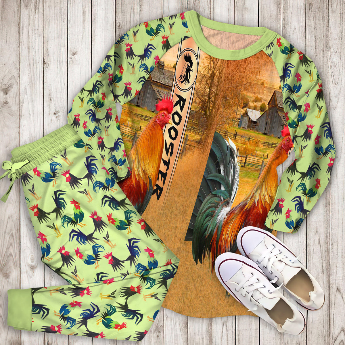Rooster Personalized Name Pajama Set |Sleepwear Pjs Sets | Raglan Shirt Pants Set