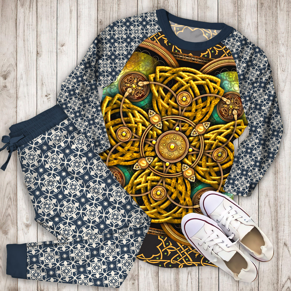 Celtic Yellow Pattern Soft Pajama Set | Pajamas | Cotton Sleepwear Sets | Soft Long Sleeve Pjs | Raglan Shirt and Pants Set