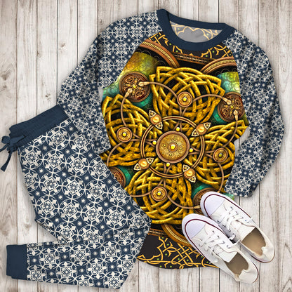 Celtic Yellow Pattern Soft Pajama Set | Pajamas | Cotton Sleepwear Sets | Soft Long Sleeve Pjs | Raglan Shirt and Pants Set