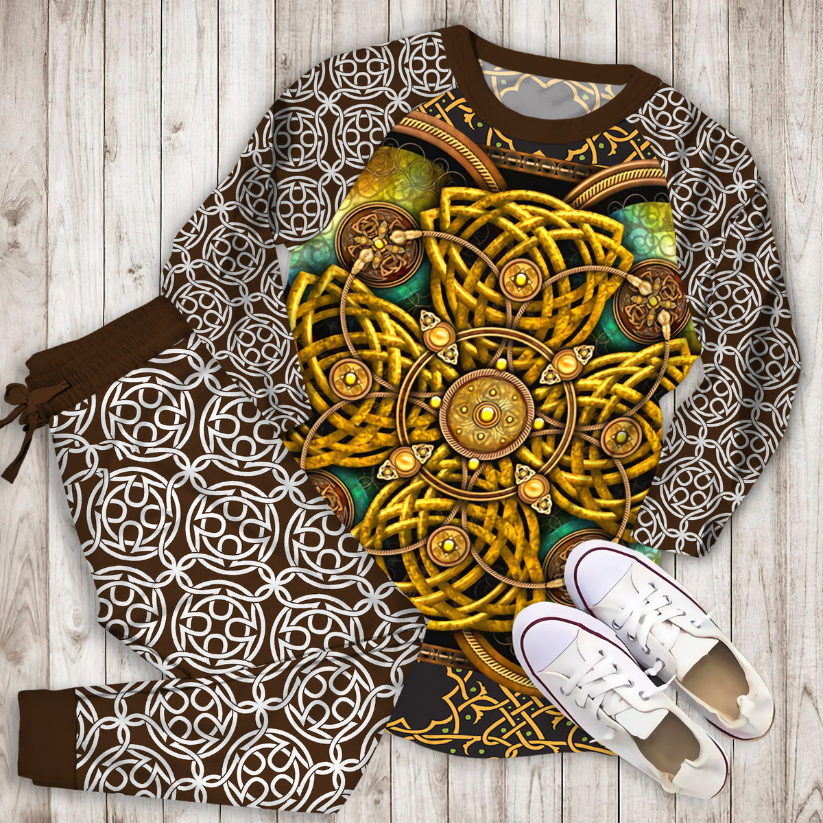 Celtic Yellow Pattern Soft Pajama Set | Pajamas | Cotton Sleepwear Sets | Soft Long Sleeve Pjs | Raglan Shirt and Pants Set