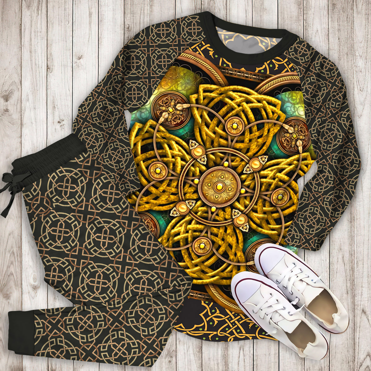 Celtic Yellow Pattern Soft Pajama Set | Pajamas | Cotton Sleepwear Sets | Soft Long Sleeve Pjs | Raglan Shirt and Pants Set