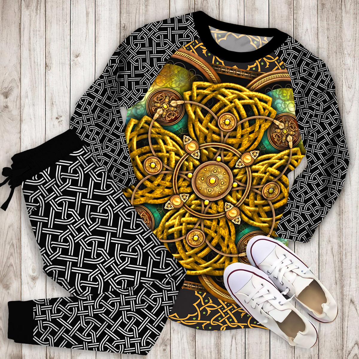 Celtic Yellow Pattern Soft Pajama Set | Pajamas | Cotton Sleepwear Sets | Soft Long Sleeve Pjs | Raglan Shirt and Pants Set