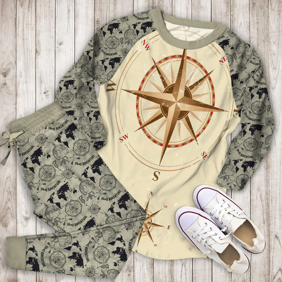 Compass Nautical Pajama Set | Pajamas | Cotton Sleepwear Sets | Soft Long Sleeve Pjs | Raglan Shirt and Pants Set