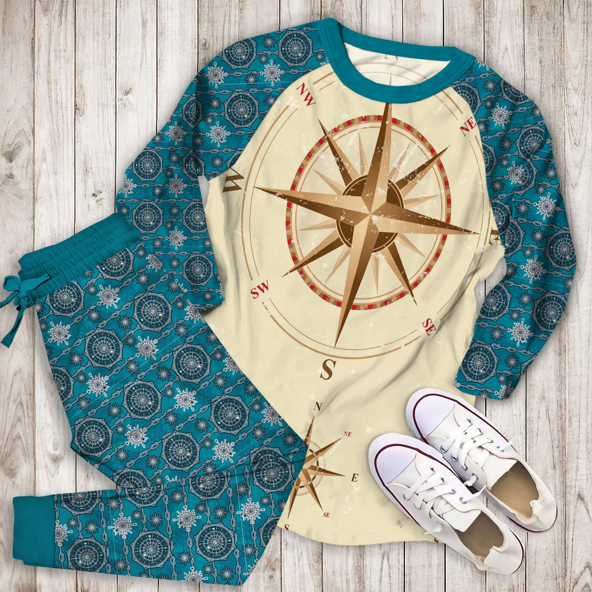 Compass Nautical Pajama Set | Pajamas | Cotton Sleepwear Sets | Soft Long Sleeve Pjs | Raglan Shirt and Pants Set
