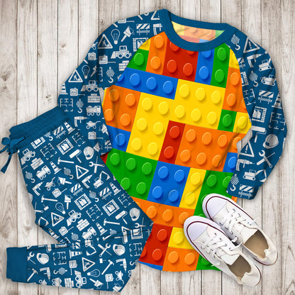 Plastic Construction Blocks Pajama Set | Pajamas | Cotton Sleepwear Sets | Soft Long Sleeve Pjs | Raglan Shirt and Pants Set