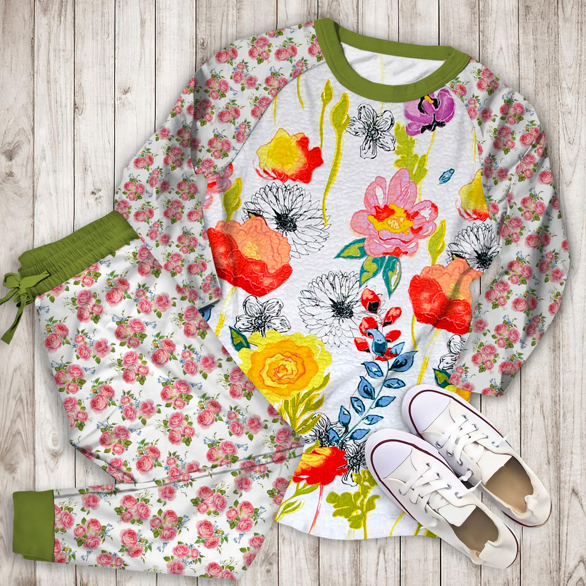 Yellow Rose Flower Pajama Set | Pajamas | Cotton Sleepwear Sets | Soft Long Sleeve Pjs | Raglan Shirt and Pants Set